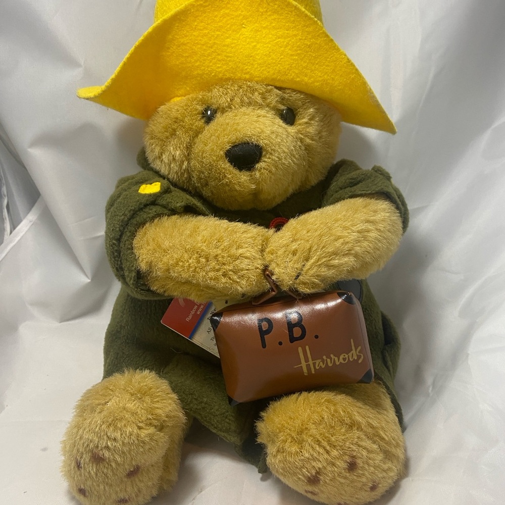 Paddington Bear Harrods London Plush Yellow Hat Green Jacket 9.5" 2001 With tags